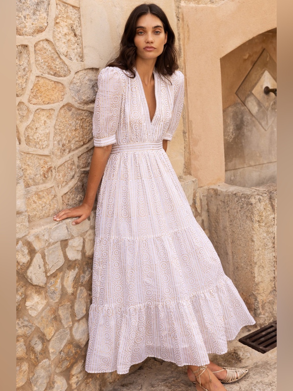 Oliphant V-Neck Cuffed Maxi Dress in Helene Cream NEW